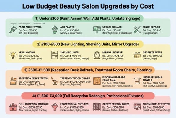 Infographic showing four tiers of low budget beauty salon interior design upgrades organised by cost from under £100 to £3,000