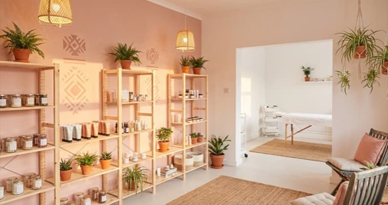 A charming budget-friendly beauty salon interior with painted accent wall, affordable shelving, and warm pendant lighting