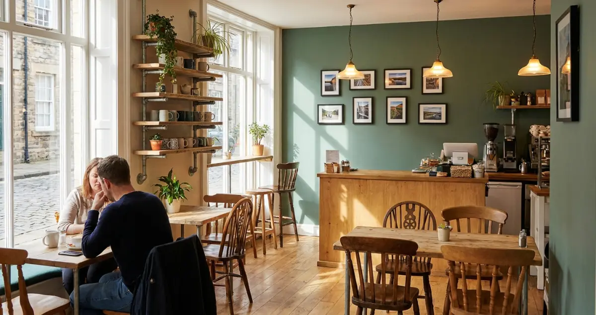 Low budget cafe interior design — a warm, characterful UK cafe fitted out cheaply with reclaimed furniture, paint and plants