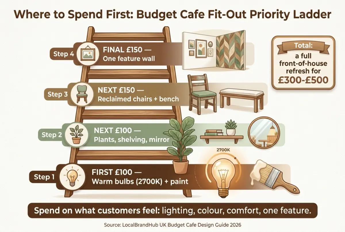 Low budget cafe interior design diagram — a spending priority ladder showing where to invest first, from lighting and paint up to a feature wall