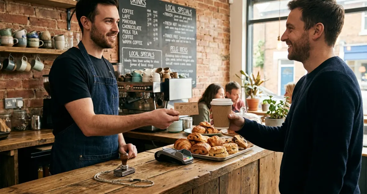 UK independent coffee shop barista handing a paper loyalty stamp card to a regular customer