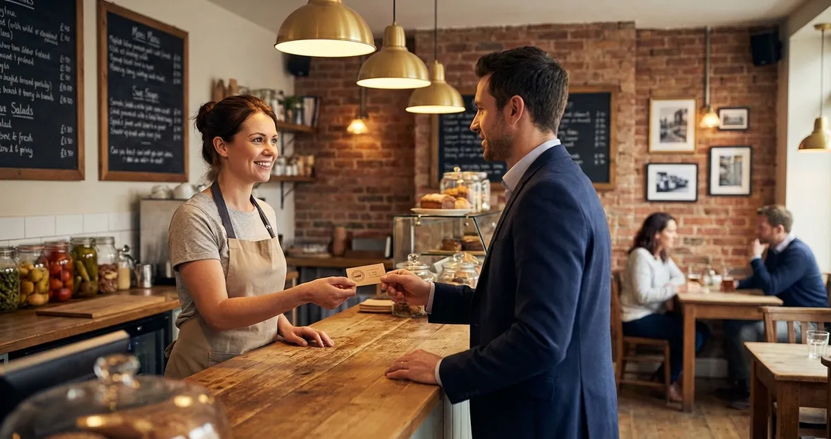 Loyalty program for restaurants - customer receiving rewards card from staff