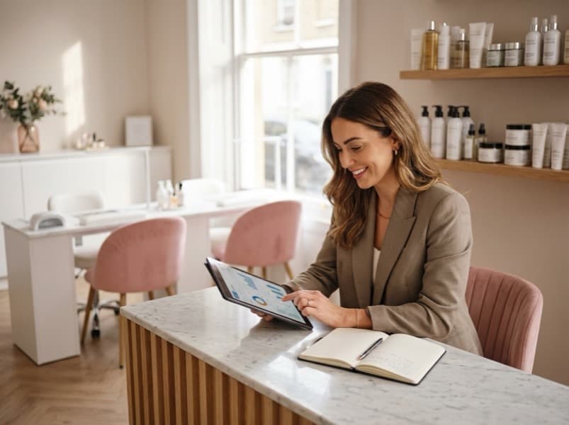 Beauty salon owner planning marketing activities on a tablet at her treatment station