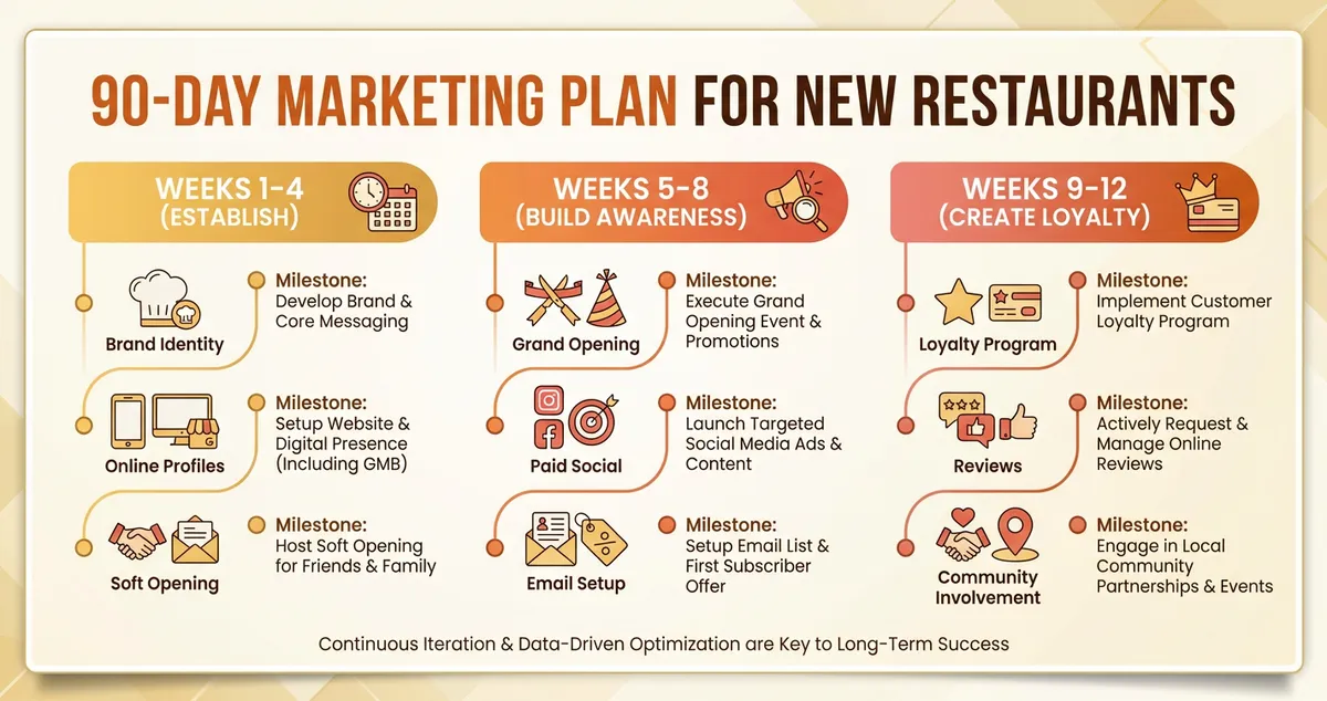 90-day marketing framework diagram for new restaurants