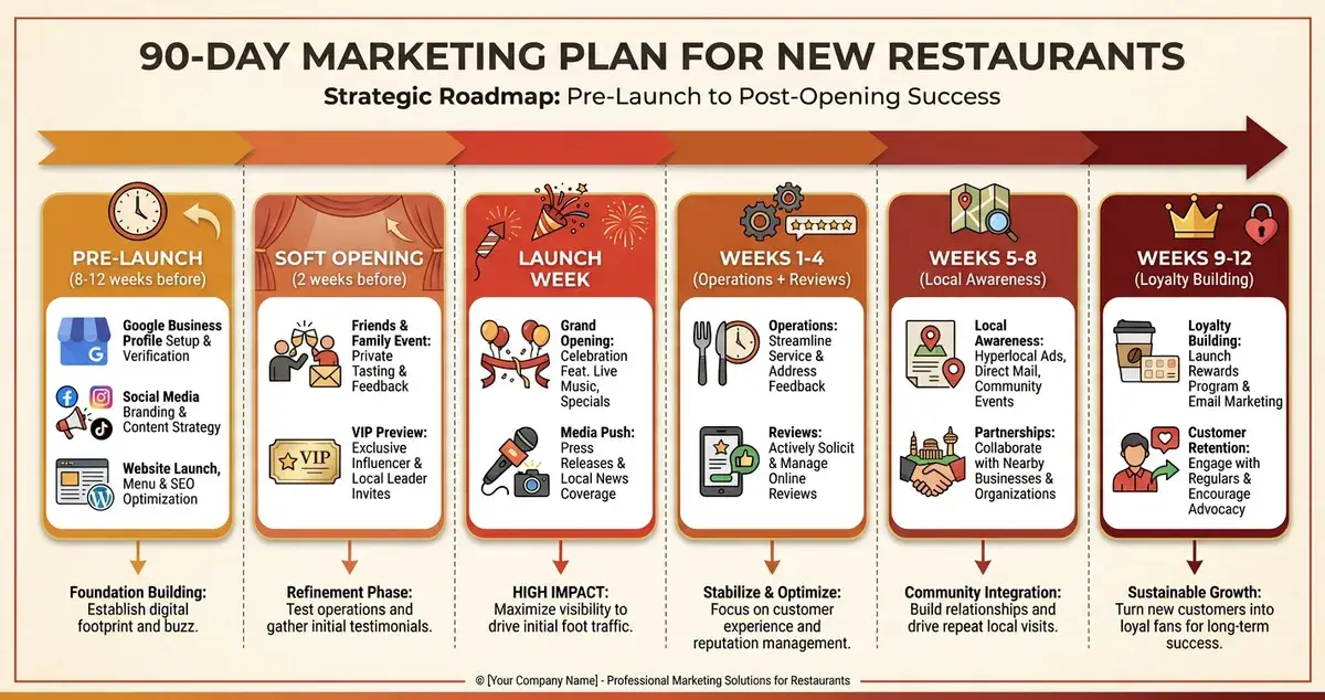 90-day marketing process diagram for new restaurants