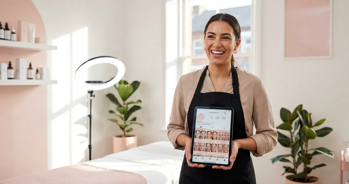 Beauty therapist brainstorming marketing strategies at her treatment station
