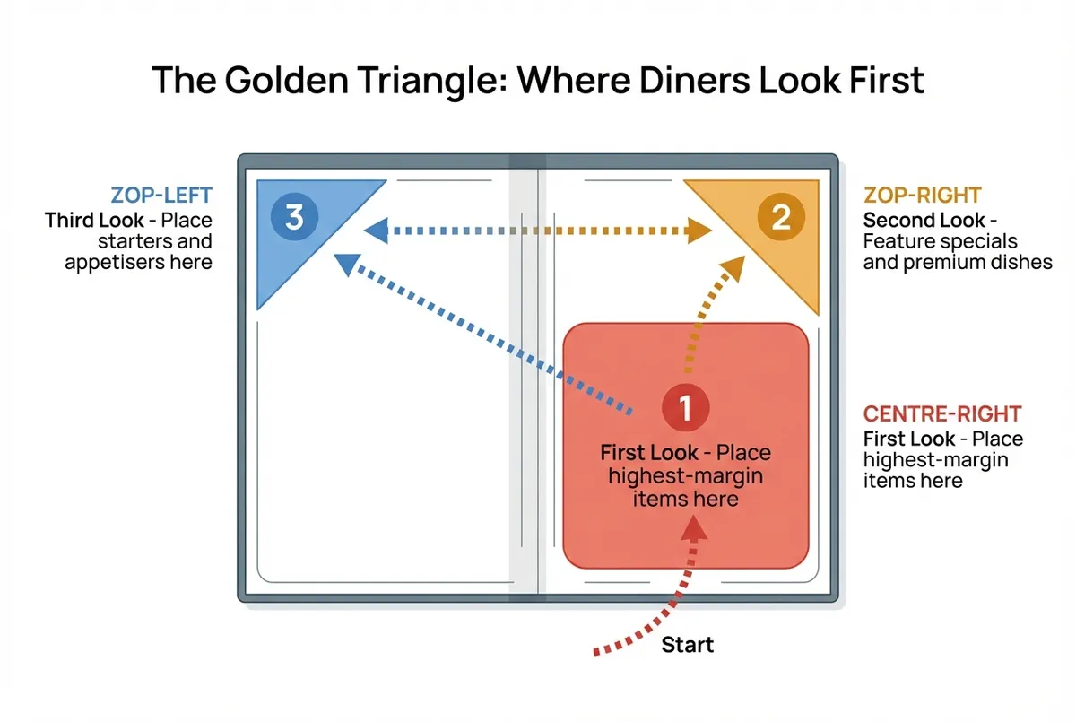 Menu design principles diagram showing golden triangle hotspot zones and eye movement flow on a restaurant menu