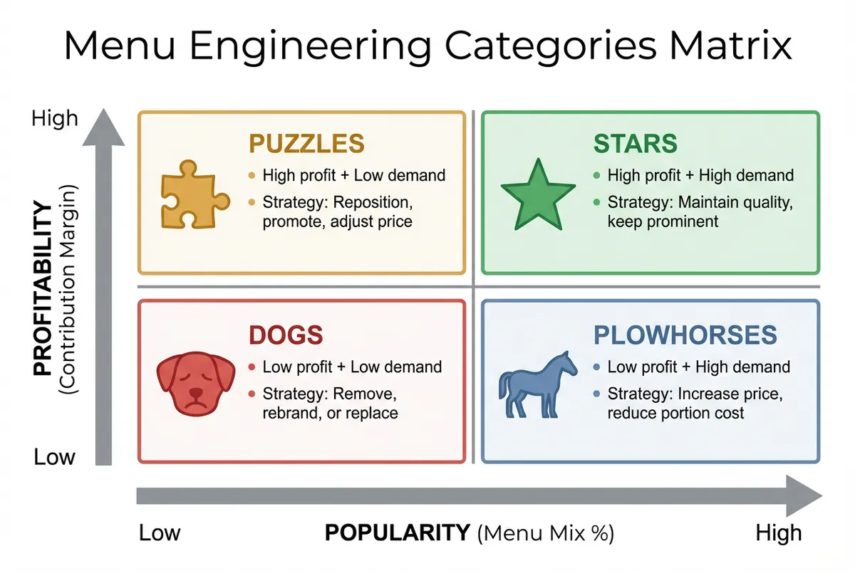 Menu engineering categories diagram showing Stars, Plowhorses, Puzzles, and Dogs in a four-quadrant grid with profitability and popularity axes