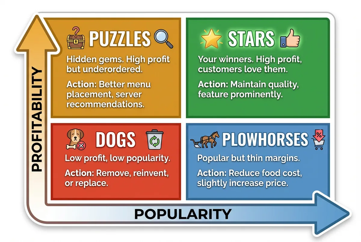 Menu engineering matrix showing Stars, Plowhorses, Puzzles and Dogs quadrants