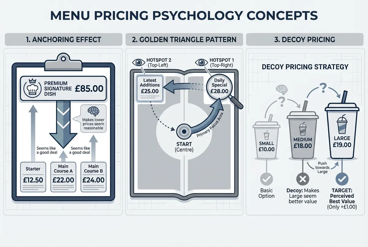 Diagram showing the psychology of menu pricing with anchoring, decoy, and golden triangle placement