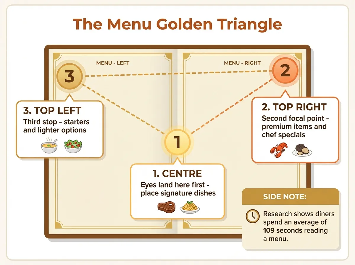 Menu psychology golden triangle diagram showing where customers look first on restaurant menus
