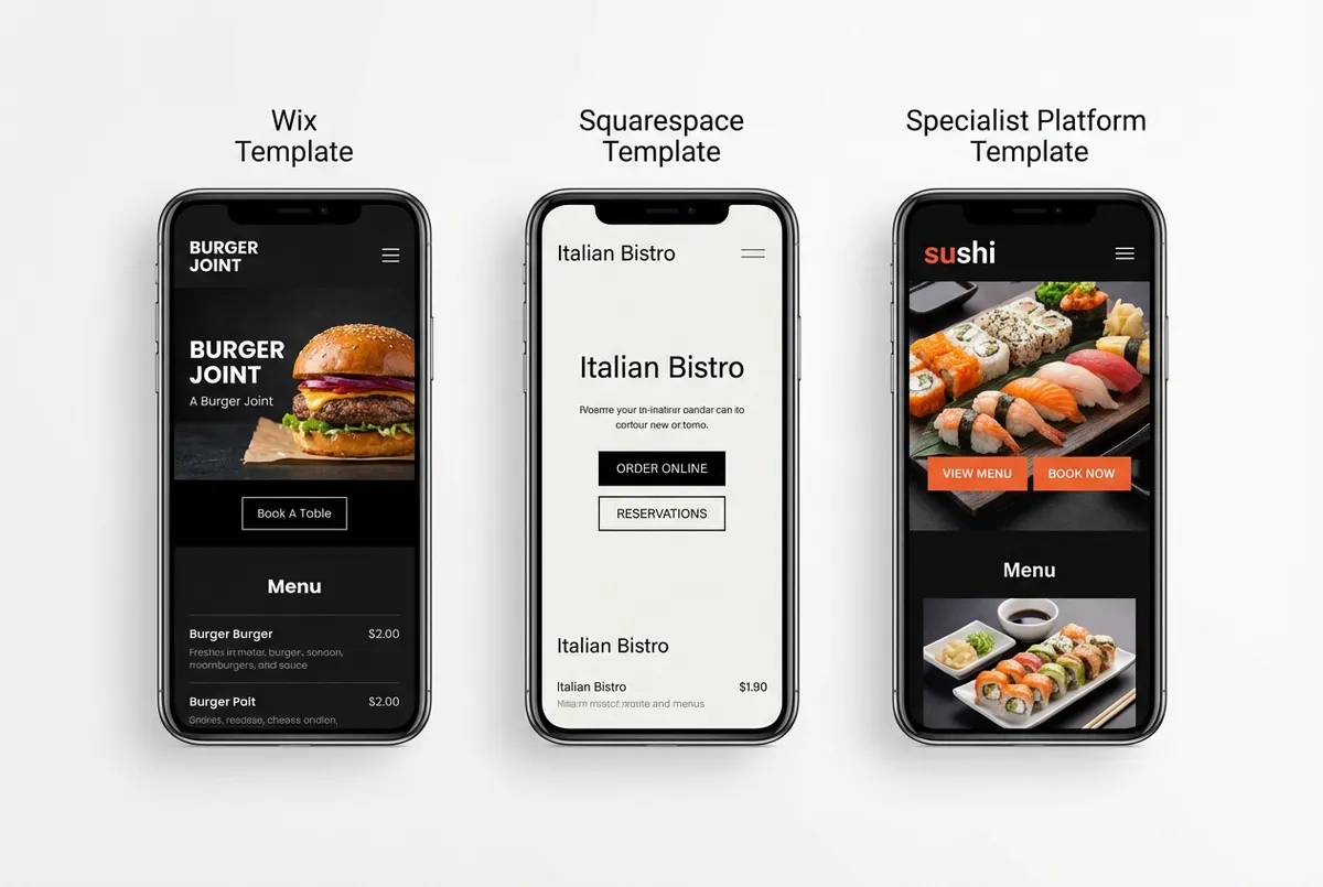 Comparison of mobile restaurant website templates from different builders