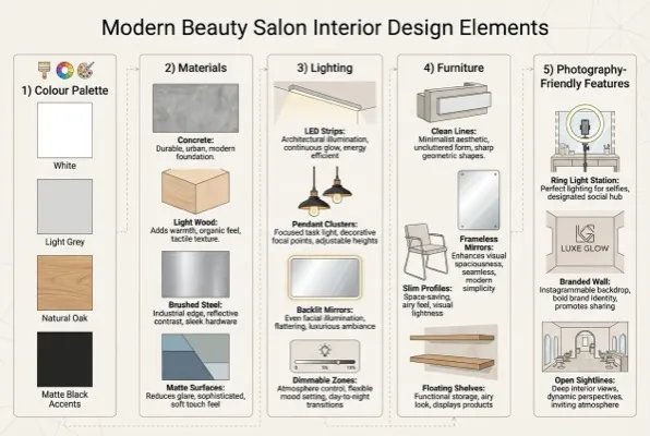 Diagram of five elements of modern beauty salon interior design