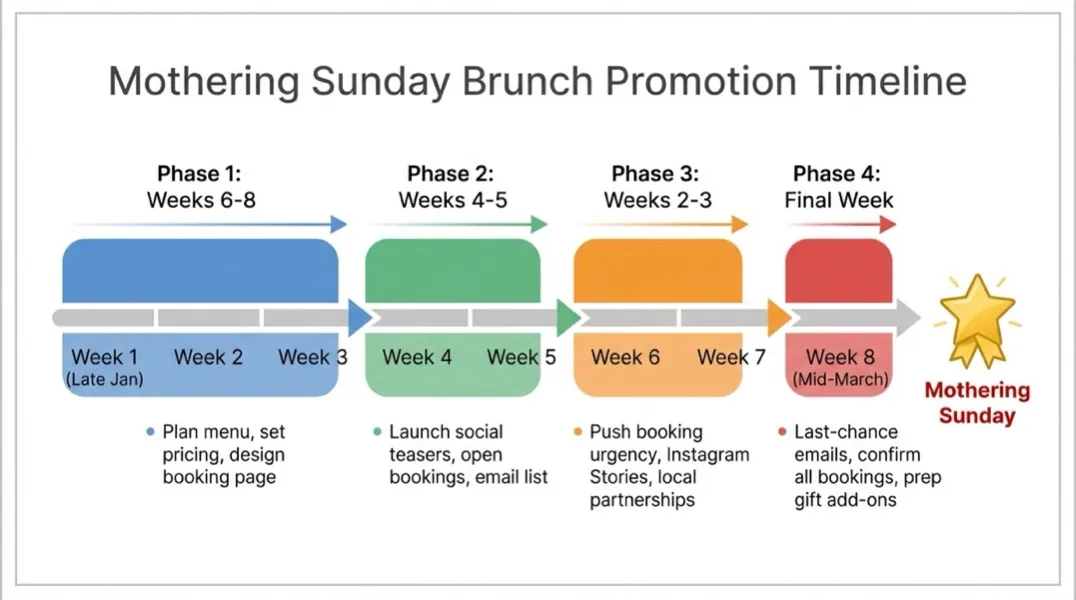 Six-to-eight week mother day brunch menu restaurant promotion timeline from January to March for UK venues