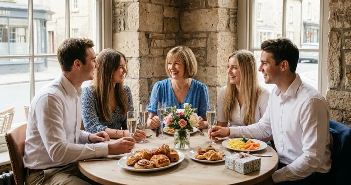 Family celebrating Mothering Sunday brunch at a UK restaurant with champagne and fresh flowers on the table