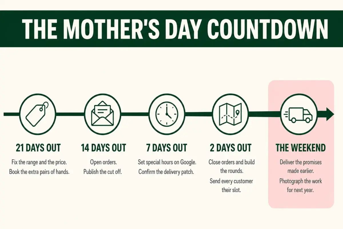 Countdown plan for Mother's Day florist marketing showing five milestones from twenty one days out to the weekend, each with the two decisions it carries