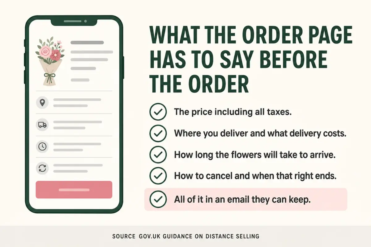 Checklist of what a florist's Mother's Day order page must say before an order: price, delivery area and cost, timings, cancellation, and a copy the customer keeps