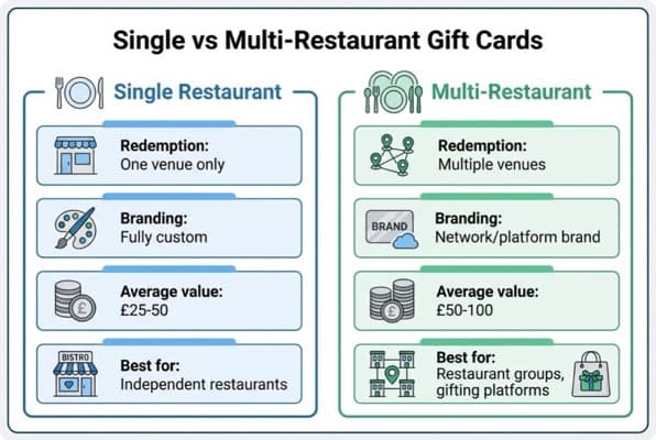 Multi restaurant gift card scheme comparison diagram showing venue count, expiry period and price range for UK options