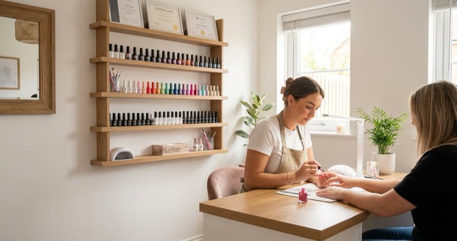 A nail technician working on a client's nails in her own small private studio