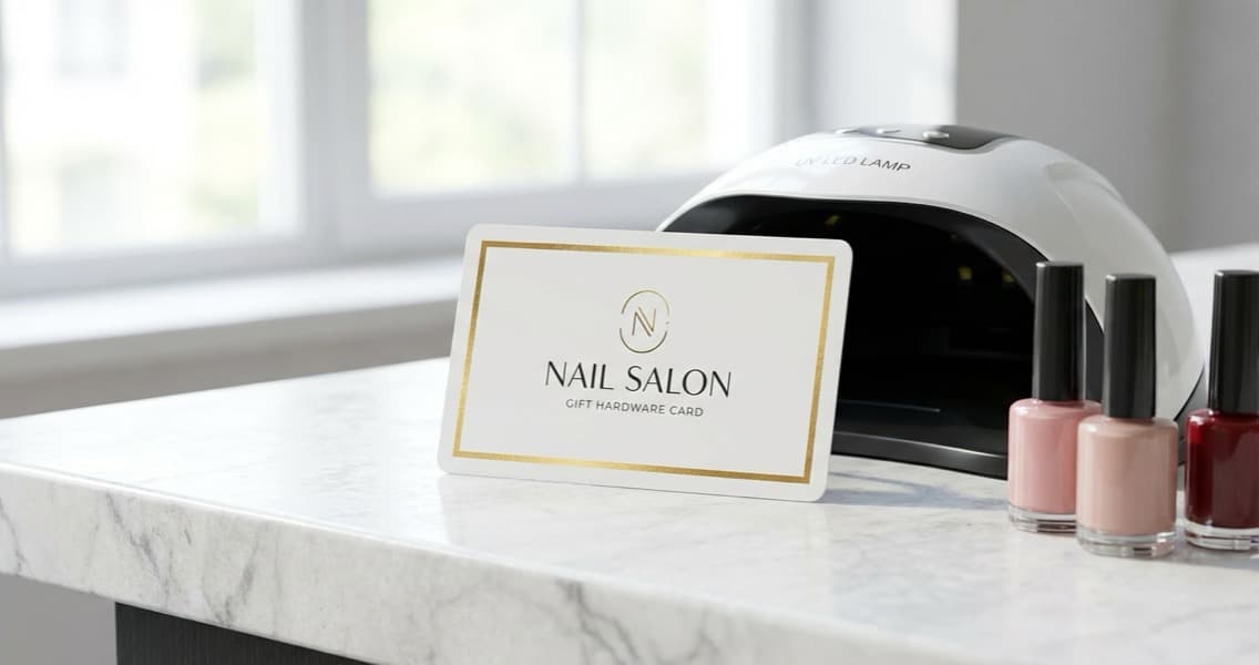 A nail salon gift voucher card resting next to rows of gel polish bottles and a UV curing lamp on a salon desk