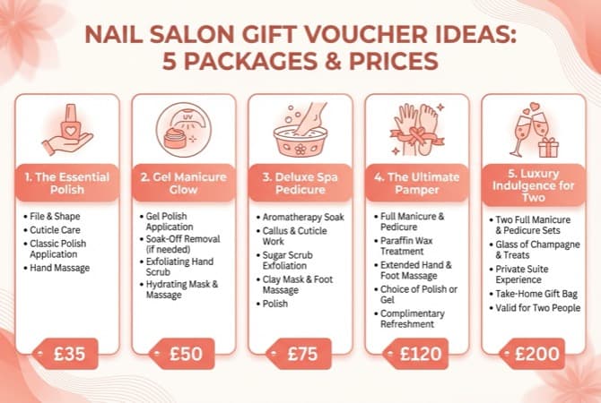 Nail Salon Gift Voucher Ideas diagram showing five packages: Classic Mani-Pedi £35, Gel Manicure £30, Luxury Pamper £65, Nail Art Experience £45, Group Package from £25pp — with treatment descriptions for each