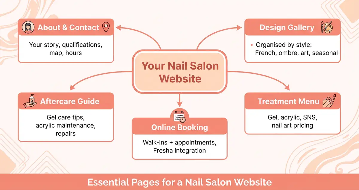 Diagram showing essential pages for a nail salon website including gallery, menu, booking, and aftercare