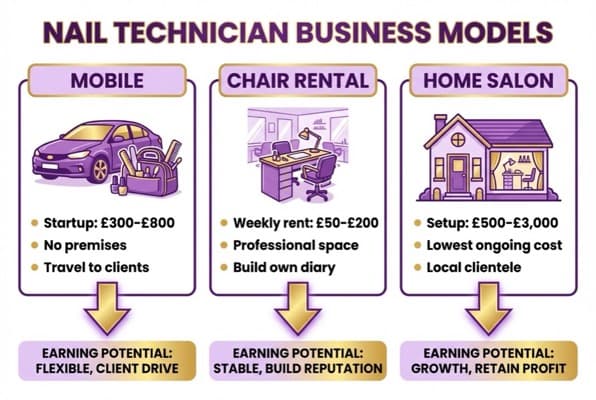 Diagram comparing three nail technician business models: mobile, chair rental, and home-based salon — showing startup costs and earning potential for each
