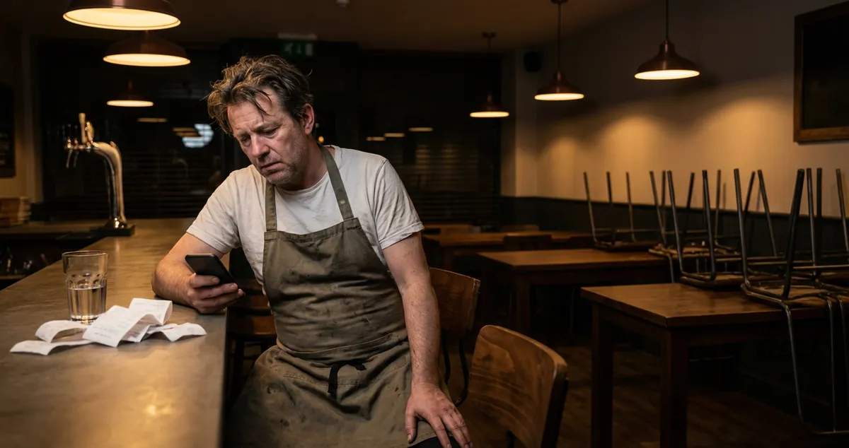 Restaurant owner responding to negative restaurant reviews on tablet at end of shift