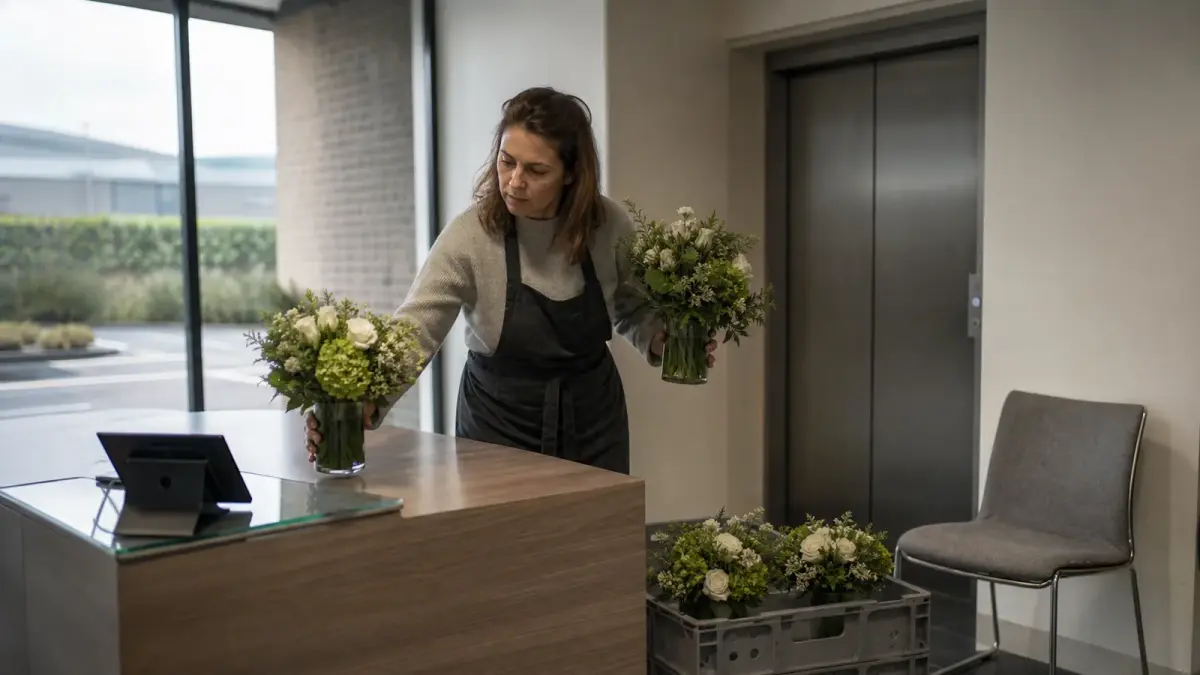 Office flower subscriptions in practice: a florist setting a fresh vase onto a reception counter while lifting the previous week's arrangement away
