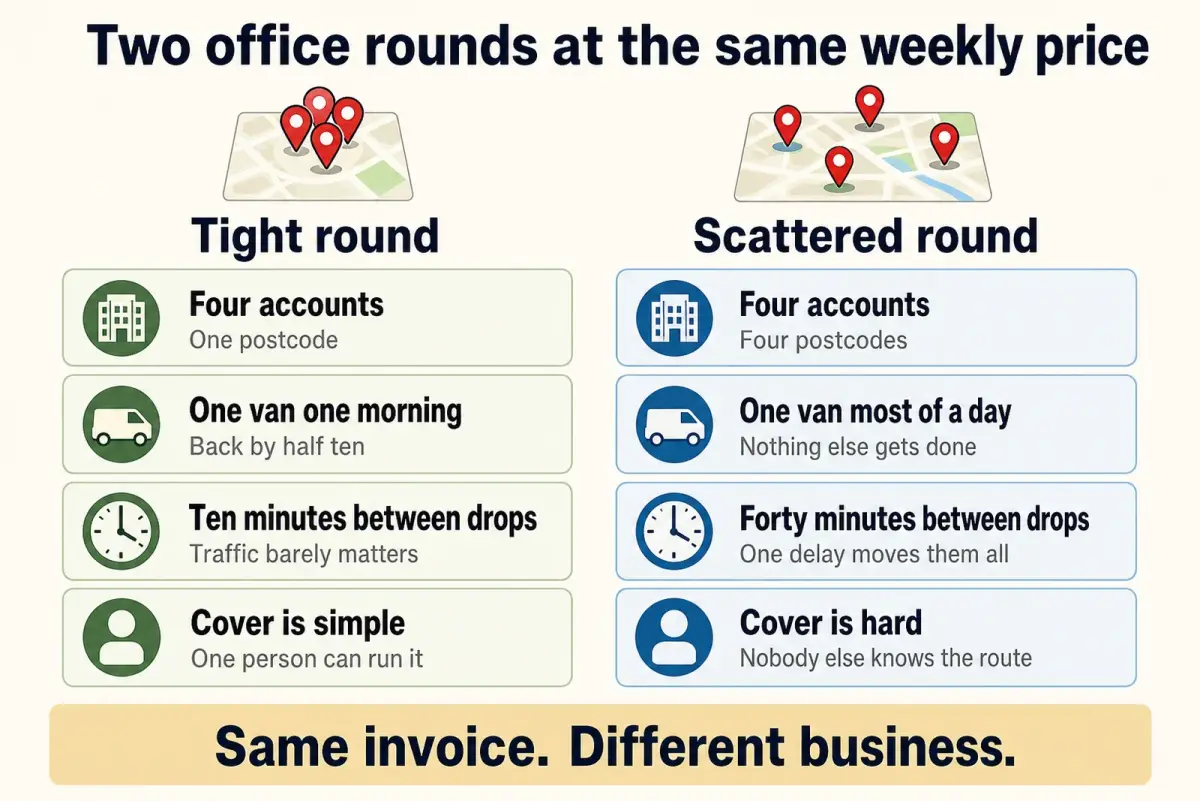 Diagram comparing a tight round of four accounts in one postcode with a scattered round across four postcodes, showing one invoice against very different time and cover costs