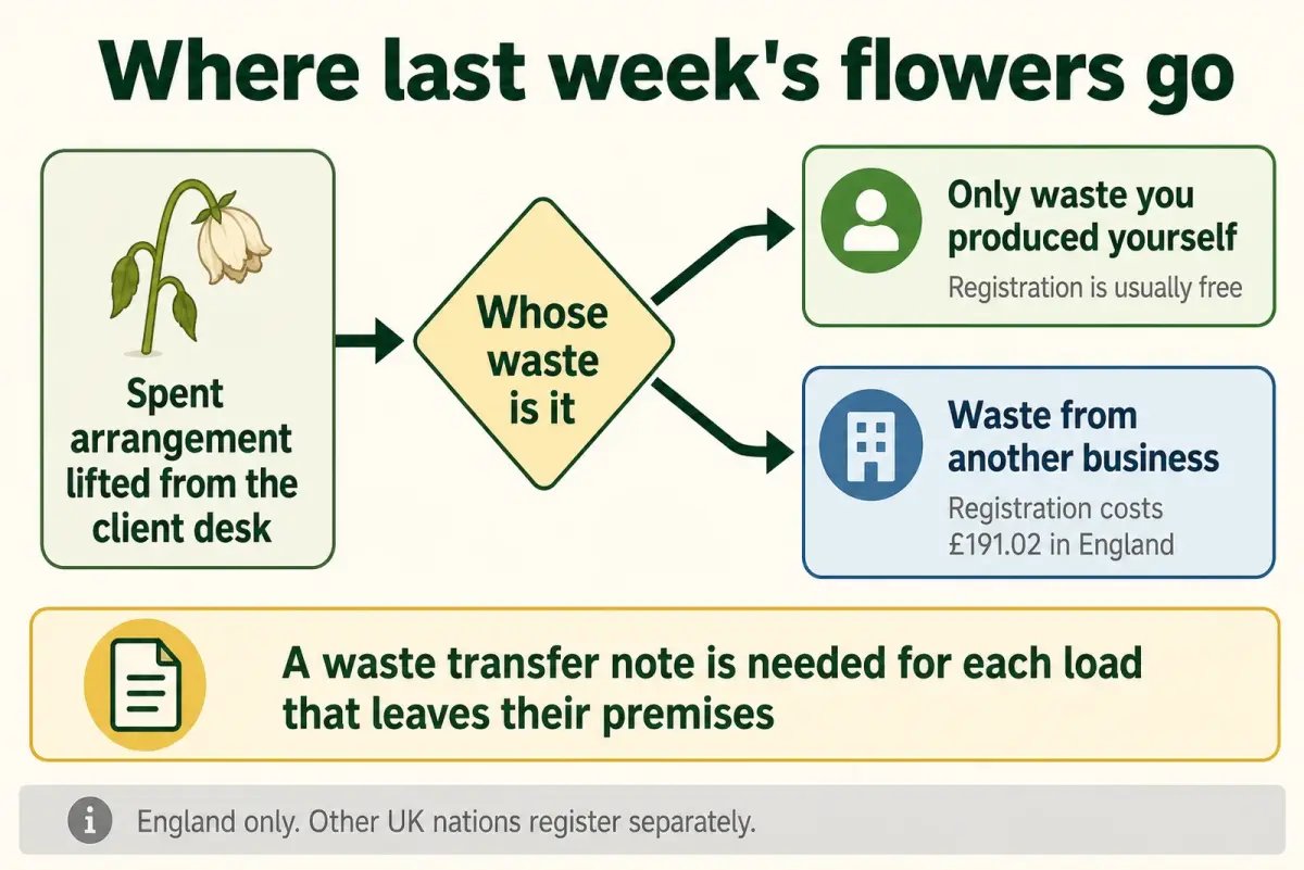 Diagram of a spent arrangement lifted from a client desk, a decision point asking whose waste it is, and two outcomes: free registration for your own waste, or the England fee for another business's waste