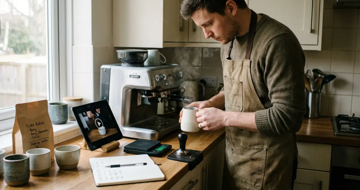 Online barista training — UK barista watching an online video tutorial on a tablet propped beside an espresso machine while practising at home