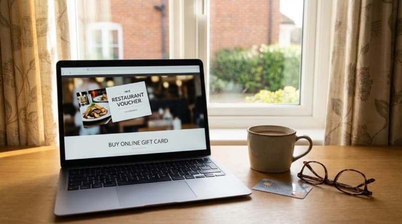 Online gift card restaurant store displayed on laptop and smartphone for UK venues