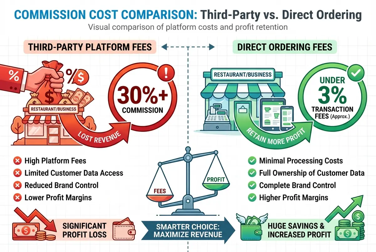 Comparison diagram showing third party vs direct ordering commission costs