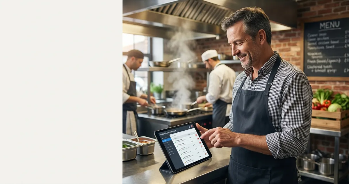 Restaurant owner reviewing online ordering system on tablet in kitchen