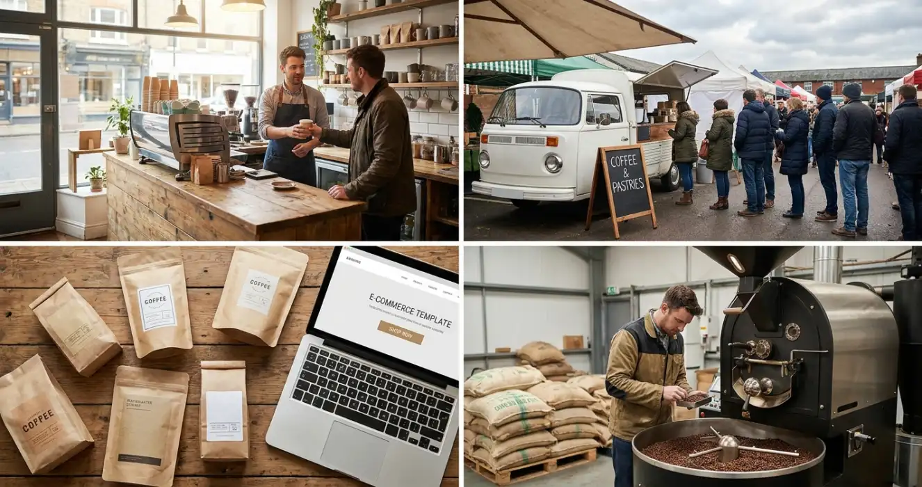 Opening a coffee business — split-style image showing four UK coffee business formats: shop interior, mobile van at a market, online subscription packaging, and a roastery