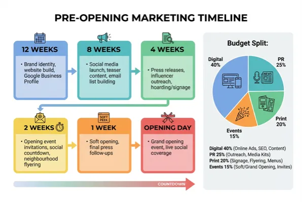 Diagram showing 8-week pre-opening marketing timeline with signage, social media, email, and PR milestones
