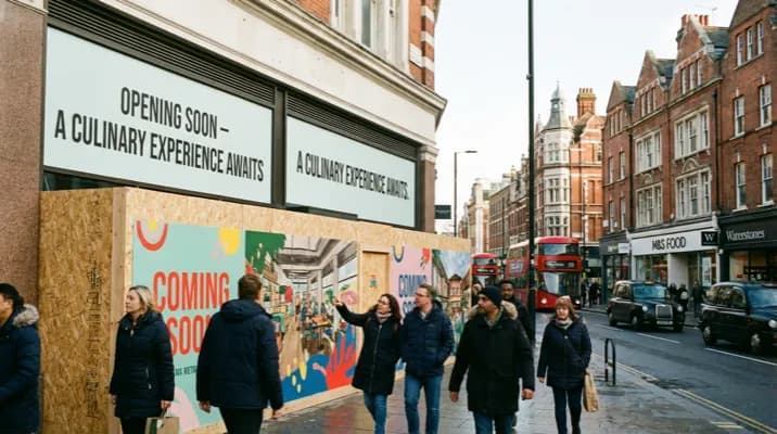 Restaurant storefront with Opening Soon signage and window teaser display attracting passers-by