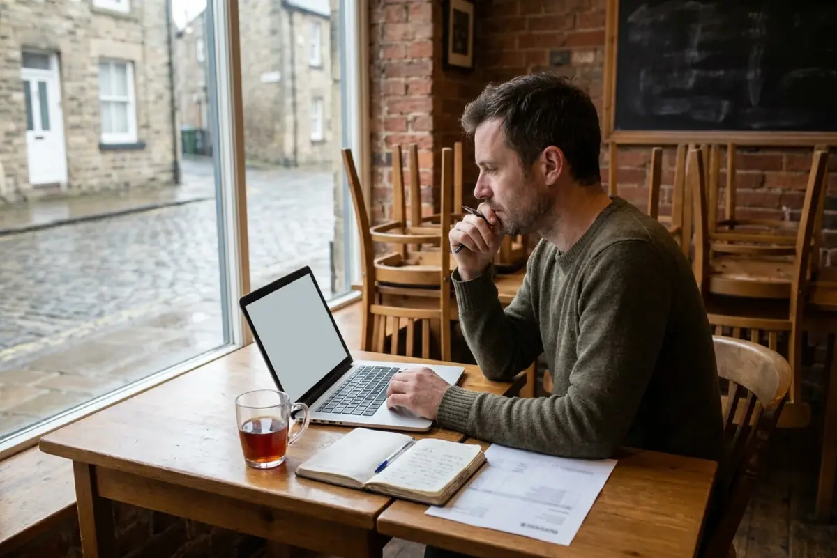 Restaurant owner preparing questions for a booking system quote call, with covers counted and the current platform invoice on the table