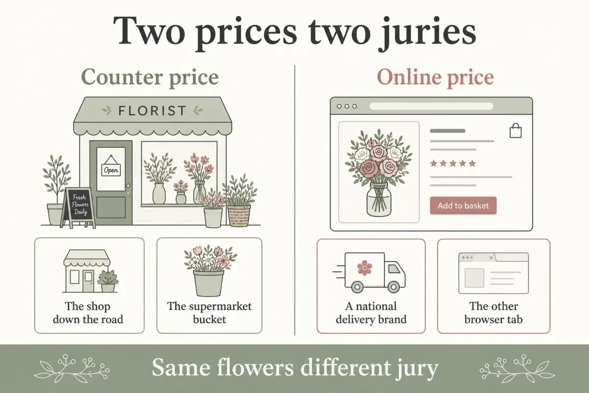 Diagram showing a counter price judged against the shop down the road and the supermarket bucket while the online price is judged against a national delivery brand in another browser tab