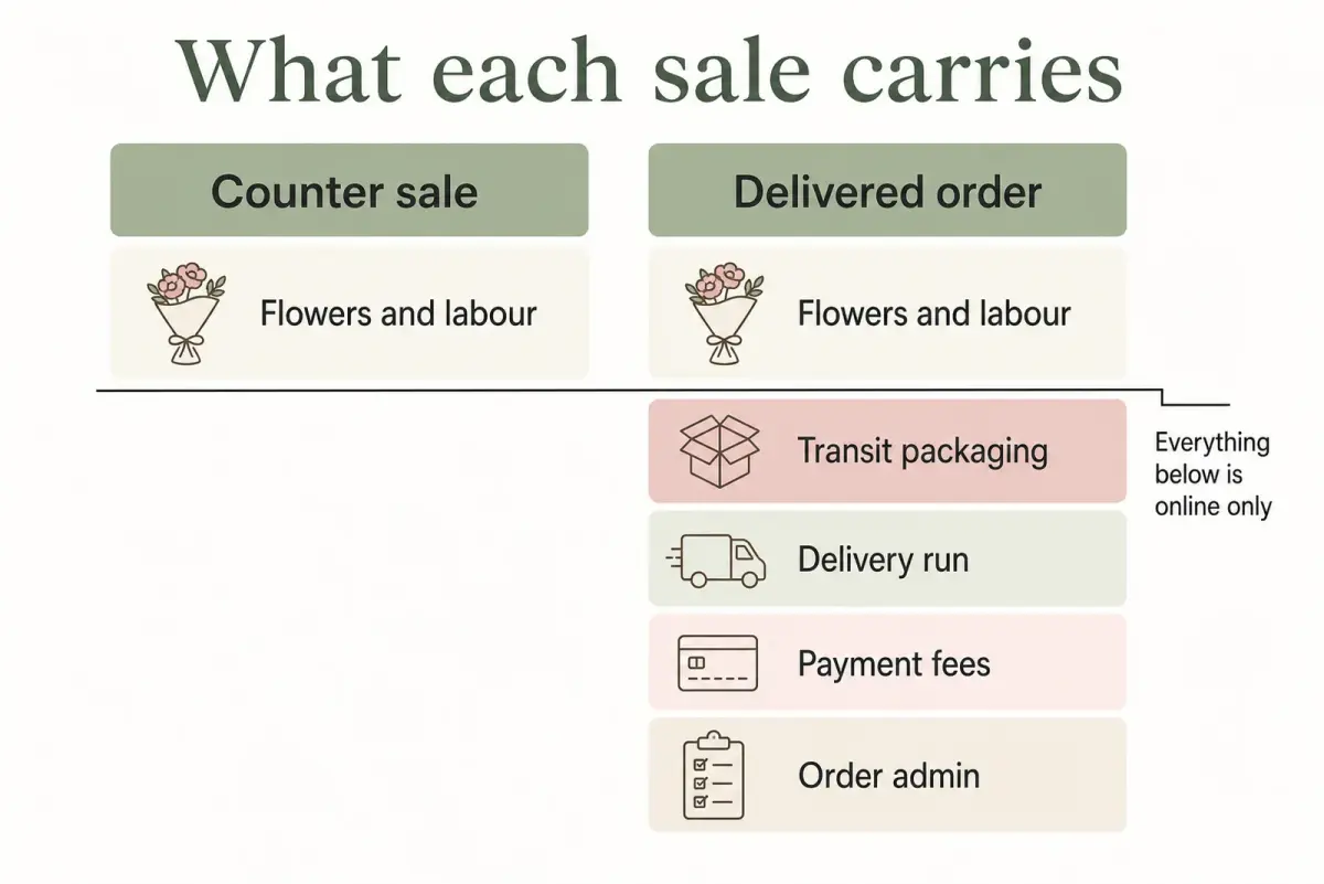 Diagram comparing a counter sale and a delivered order: the counter sale carries flowers and labour while the delivered order adds transit packaging, the delivery run, payment fees and order admin