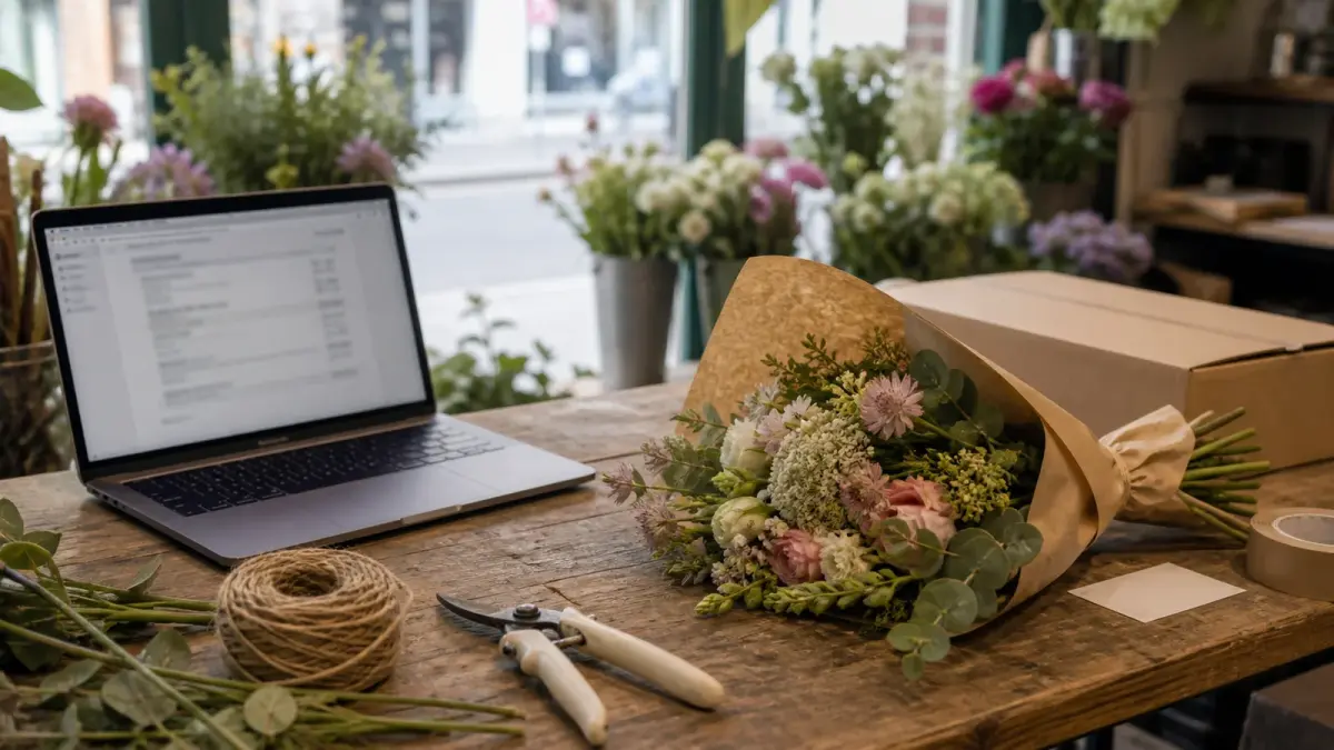 Pricing flowers online vs in store: a florist's bench with an online order on a laptop beside a wrapped counter bouquet, transit boxes and delivery labels