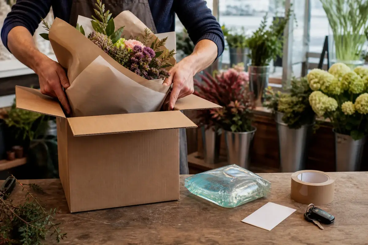 A florist boxing a wrapped bouquet with an aqua pack and a delivery label ready for the afternoon run, van keys on the bench