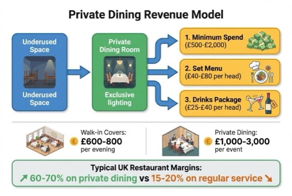 Private dining revenue model with pricing tiers, menu structure, and marketing channels