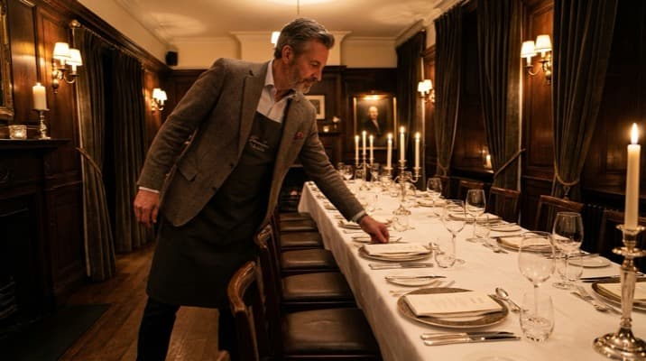 Restaurant owner setting up an elegant private dining room with table settings and ambient lighting