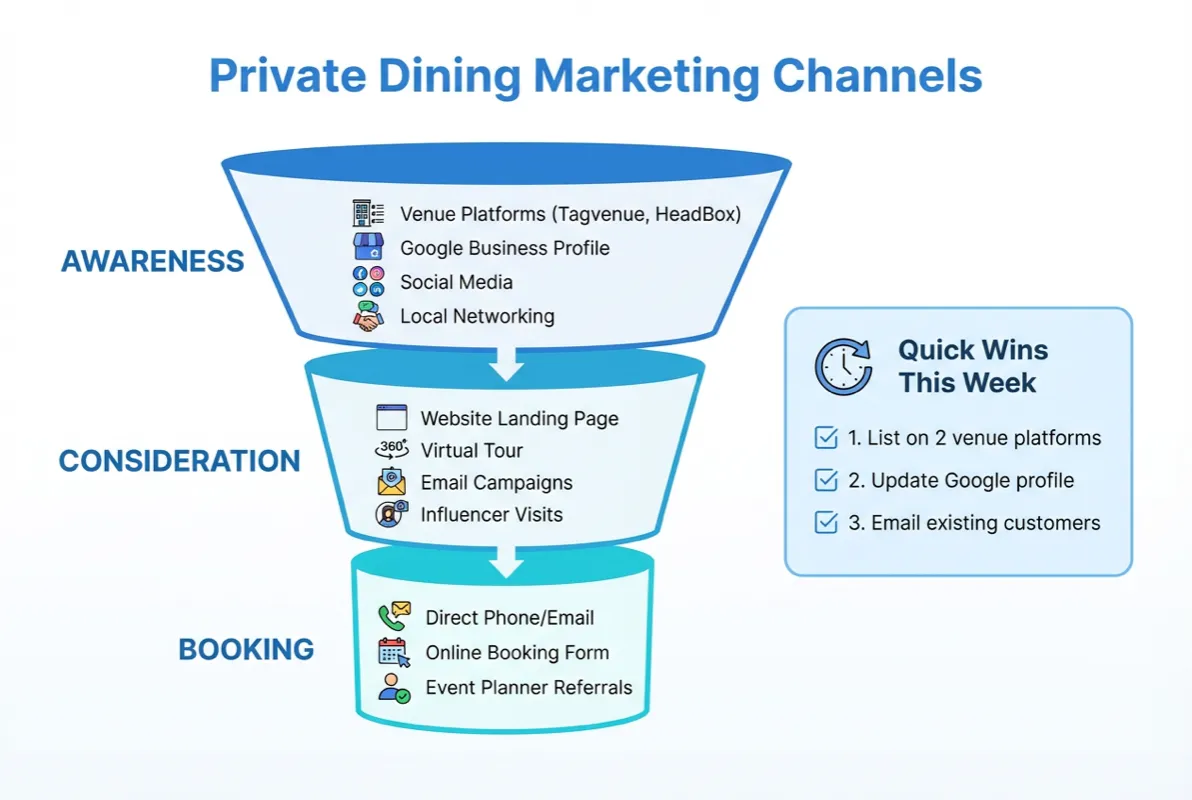 Diagram showing private dining restaurant marketing ideas funnel with four channels: Quick Wins, Digital Marketing, Corporate Targeting, and Offline Tactics flowing into consistent room bookings