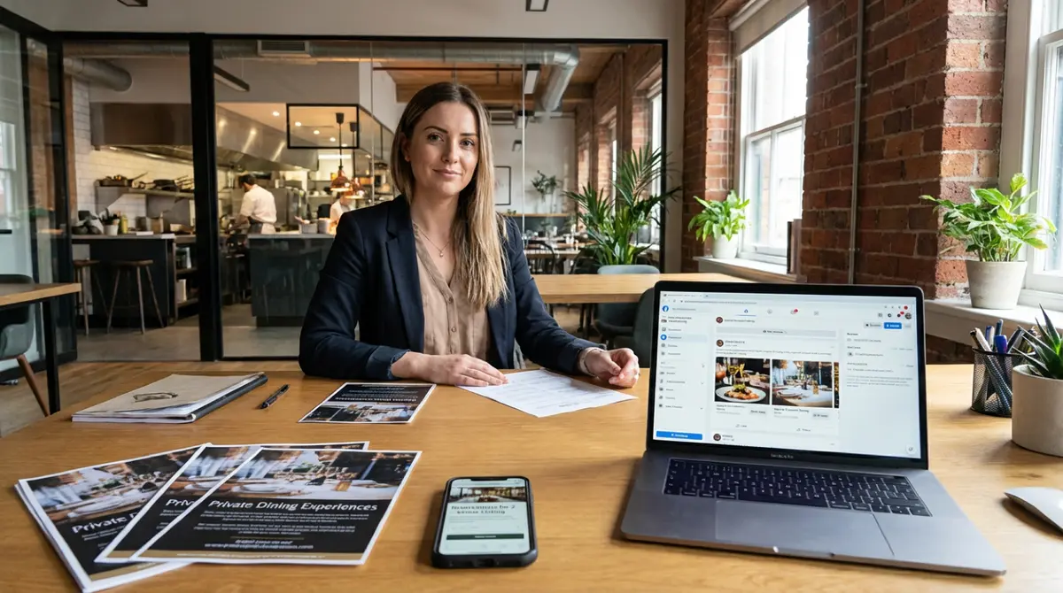 Restaurant owner reviewing private dining marketing ideas on laptop with booking calendar