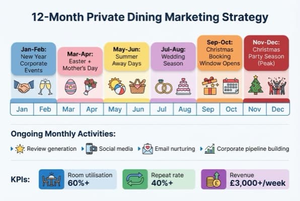 12-month private dining marketing strategy timeline with quarterly campaigns and booking patterns