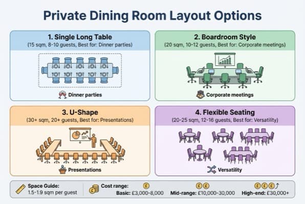 Diagram showing private dining room layout options with capacity and cost comparisons