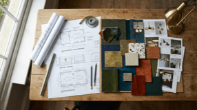 Architect plans and mood board for restaurant private dining room renovation